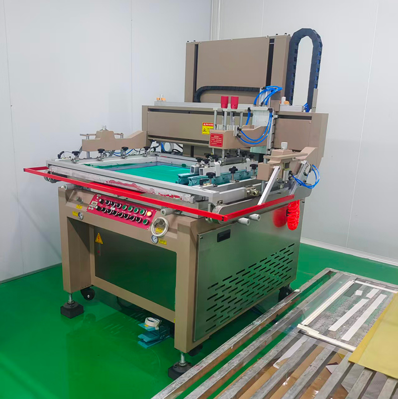 GE-VP60120 silk screen printing machine printing green solder mask onto a PCB panel, screen frame lifted after the squeegee stroke